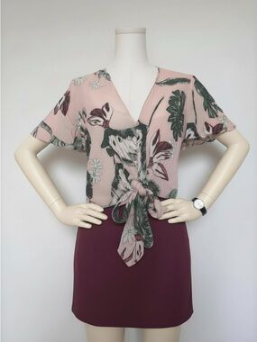 Lush Pink Floral Tie-Front Blouse with Green Leaf Print